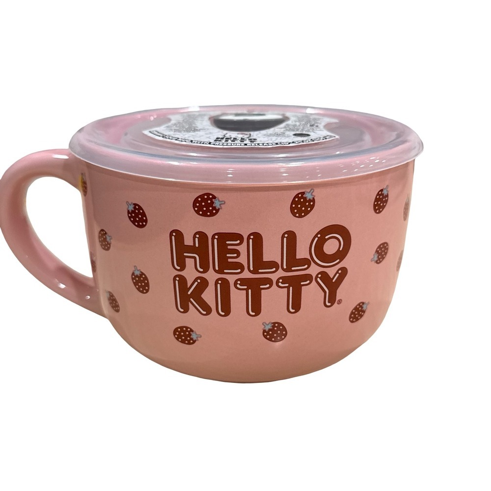 Hello Kitty Soup Mug Pink Strawberry Ceramic with Lid 24 oz Unisex OS